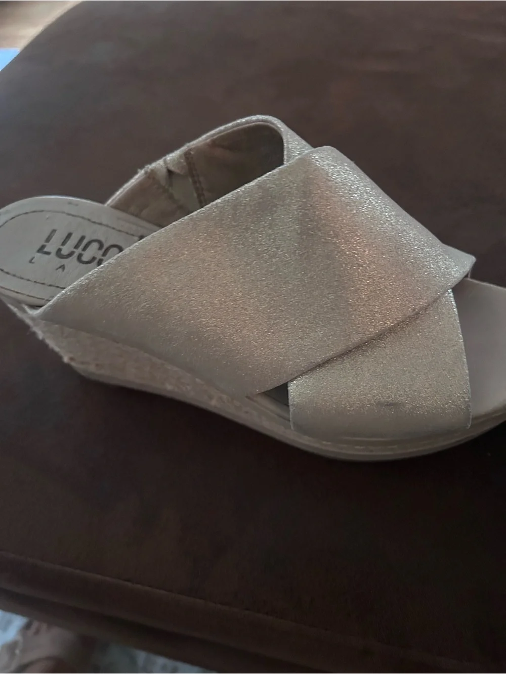 LUCCA Taupe Suede Crisscross Wedge Sandals